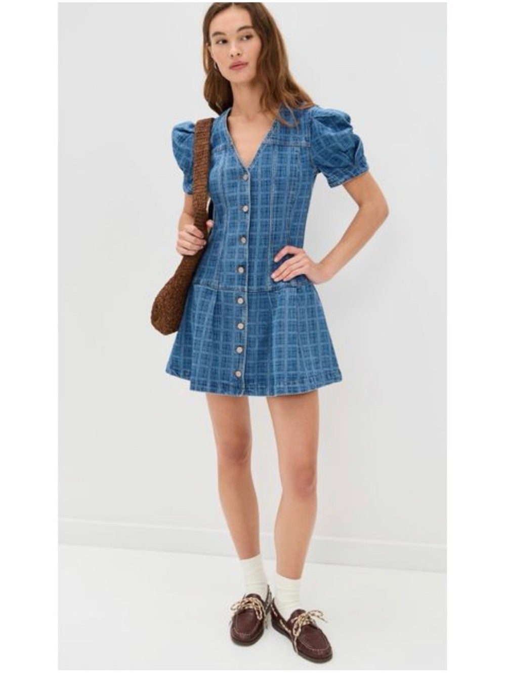 Damson and Madder, Blue Button-Front Mini Dress with Puff Sleeves